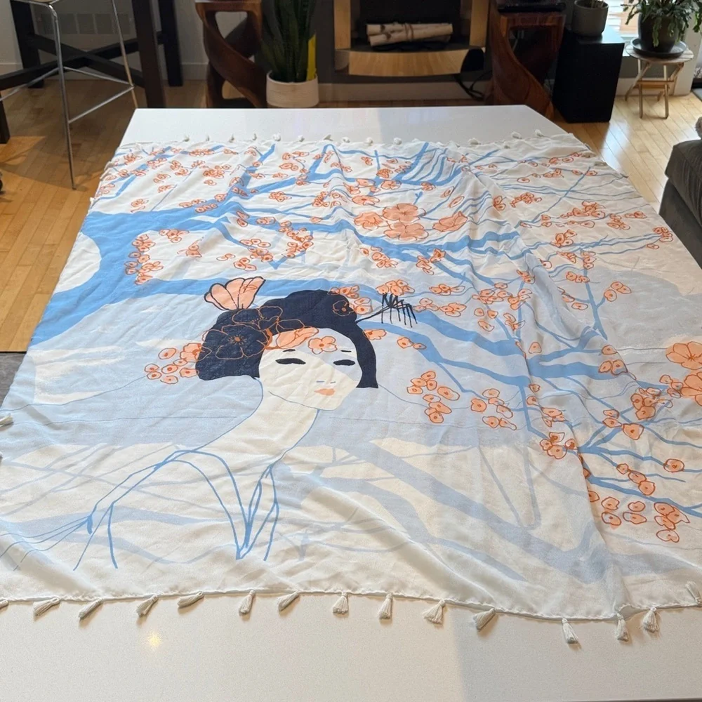 H&M Geisha & Cherry Blossoms Artistic Scarf Wrap w/ Tassel Fringe, Lightweight